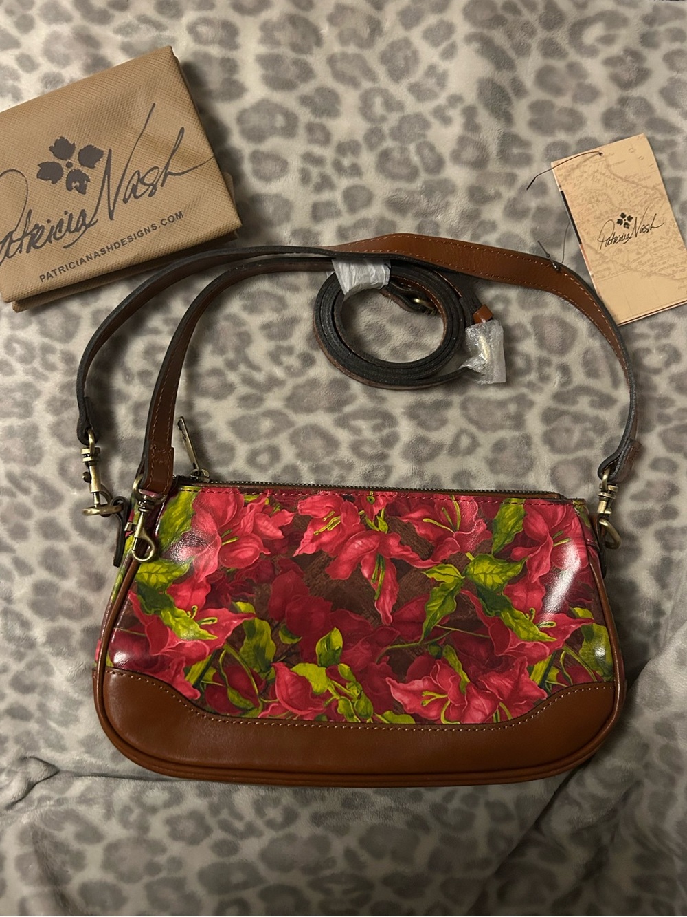 Patricia Nash Brown Leather Crossbody with Pink & Green Floral Print